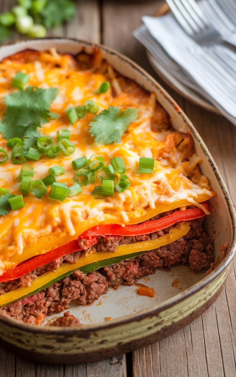 Keto taco casserole with ground beef, cheese, and bell peppers, garnished with green onions.